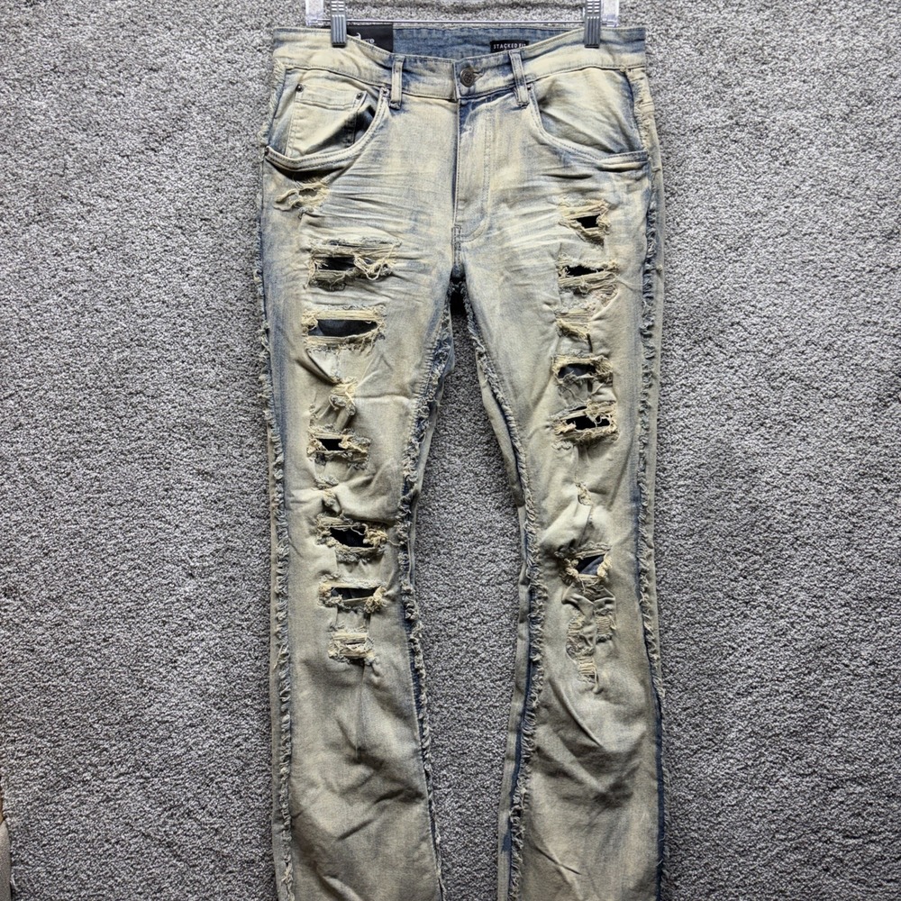 Copper Rivet Jeans Mens 32x34 Stacked Fit  Bleached Fringe Flare Distressed NWT